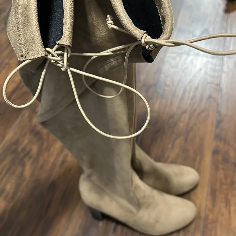 NWOT Tan Soft Elastic Tie Up Over The Knee Heel Boots
